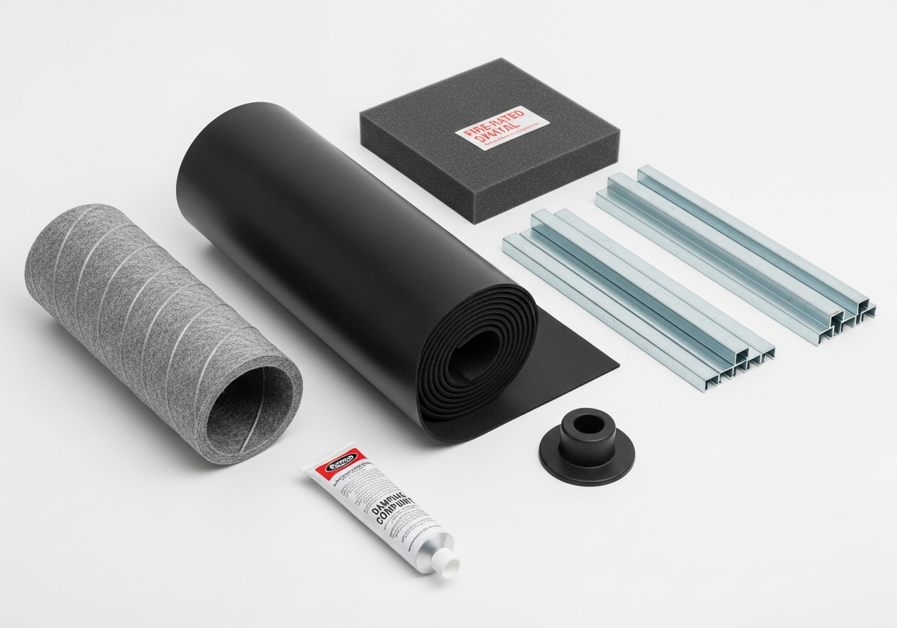 Soundproofing materials including mass loaded vinyl, resilient channels, acoustic foam, anti-vibration mount, and damping compound